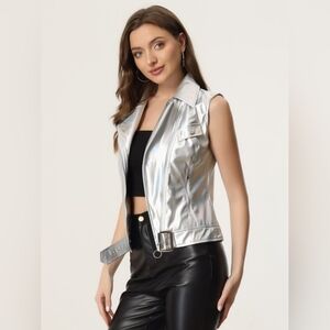 Allegra K Faux Leather Vest Lapel‎ Sleeveless Moto Motorcycle Biker Jacket